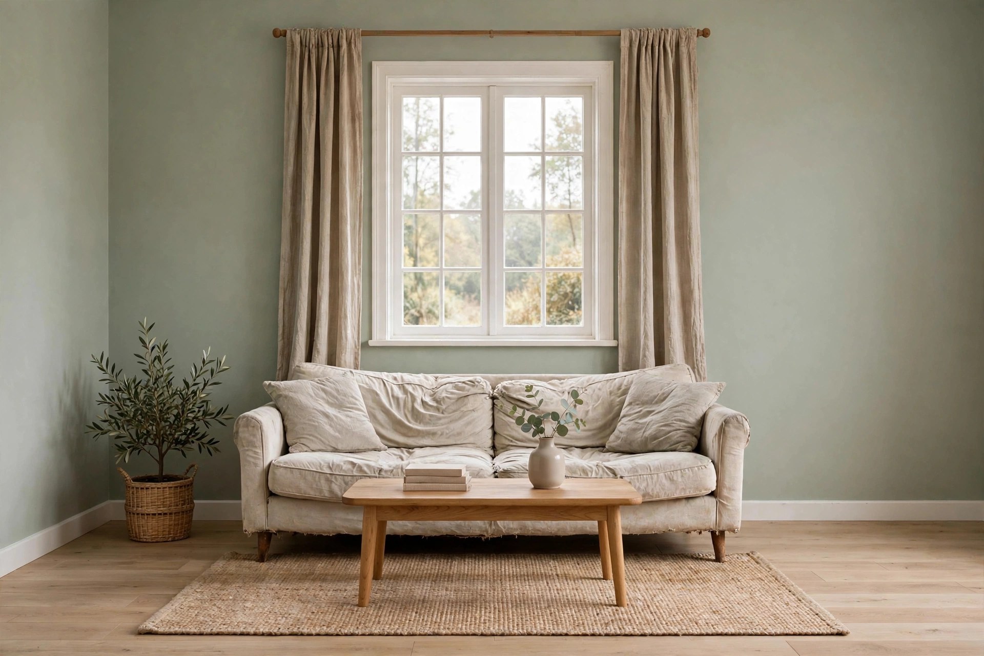 Living room with worn furnishing and tired seating